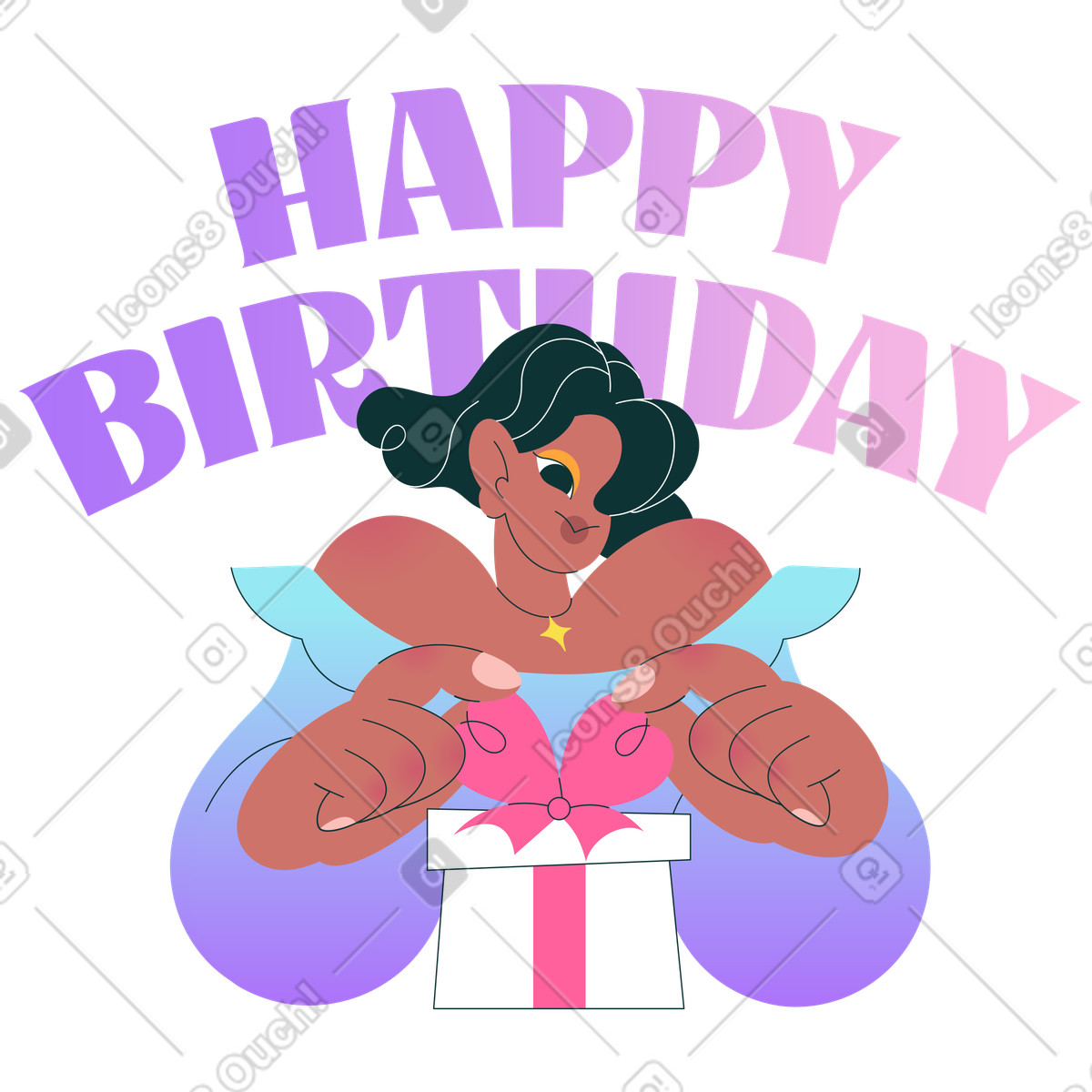 Opening present under colorful happy birthday sign, Surprise and congratulations concept illustration in Florid style download in PNG, SVG