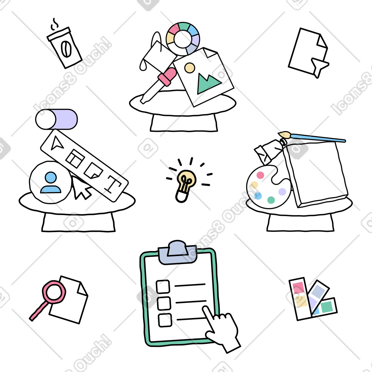 Choosing between creative career options on clipboard checklist illustration in Notes style download in PNG, SVG