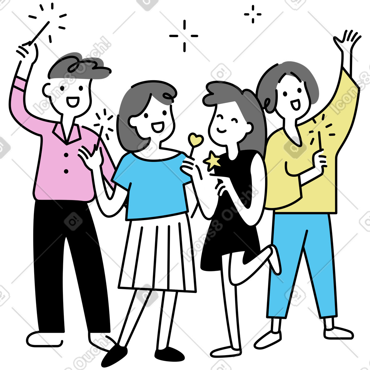 Иллюстрация Group of friends cheering with sparklers, New Year's Eve party в стиле Mochi — скачать в форматах PNG, SVG
