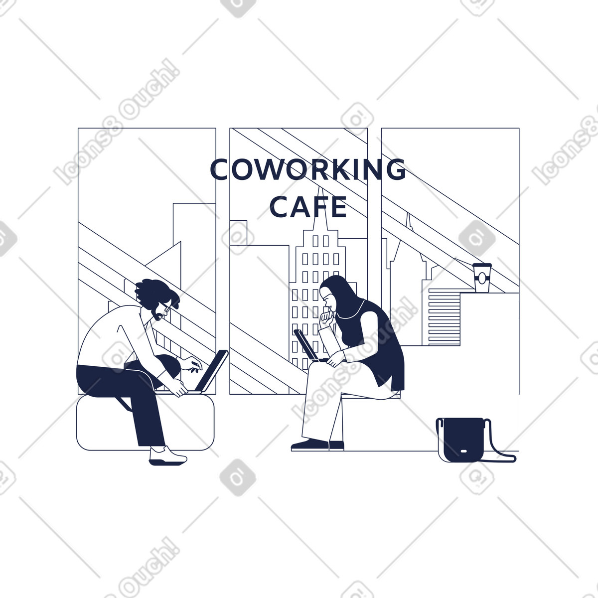 Woman in hijab and man with laptop are working coworking cafe illustration Urban Line style download PNG, SVG