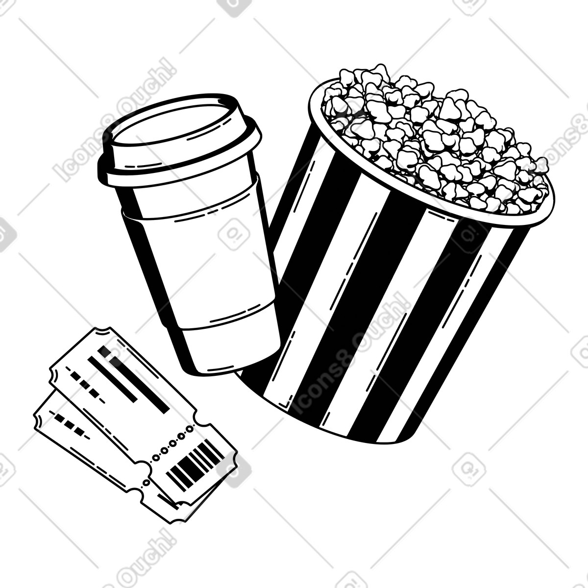 Popcorn drink in paper cup and movie tickets, Cinema snack combo night animated illustration 3D Techny Line style download GIF, Lottie (JSON), AE