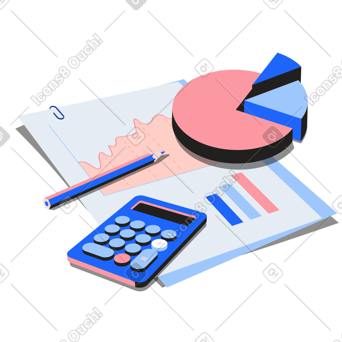 Analisi dei dati per report con calcolatrice e matita illustrazione in stile Editorial scarica in PNG, SVG