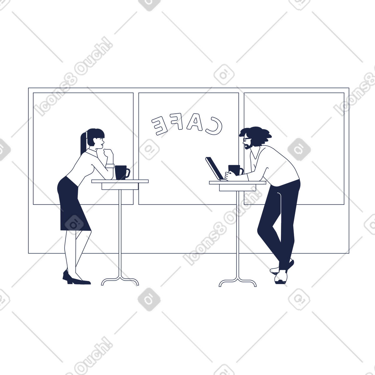 Cafe interaction over coffee mugs and laptop, Social connection during workday pause illustration in Urban Line style download in PNG, SVG