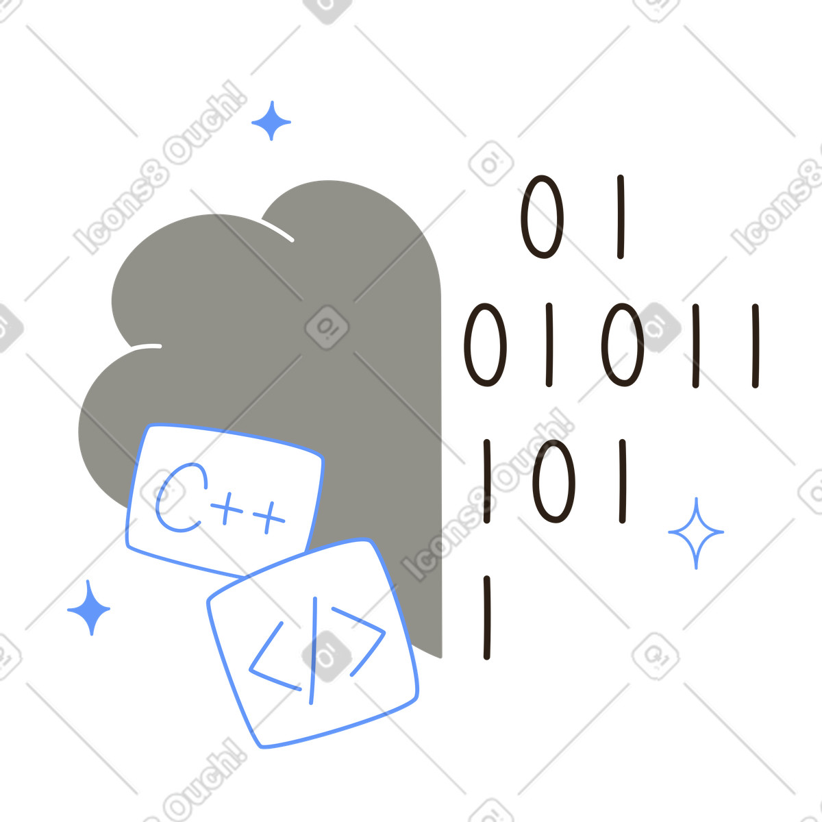 Cuore grigio con tag c++ e codice binario, amore per la programmazione l'intelligenza artificiale illustrazione in stile Plain scarica in PNG, SVG