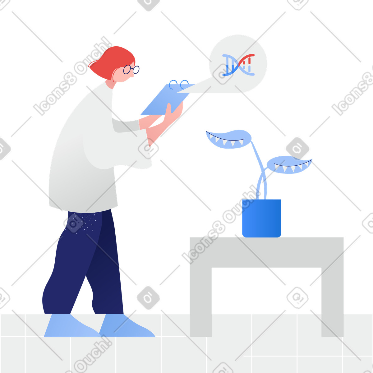 下载 Clip 风格的 一名妇女正在对捕蝇草进行 dna 研究 插画，支持 PNG、SVG 格式
