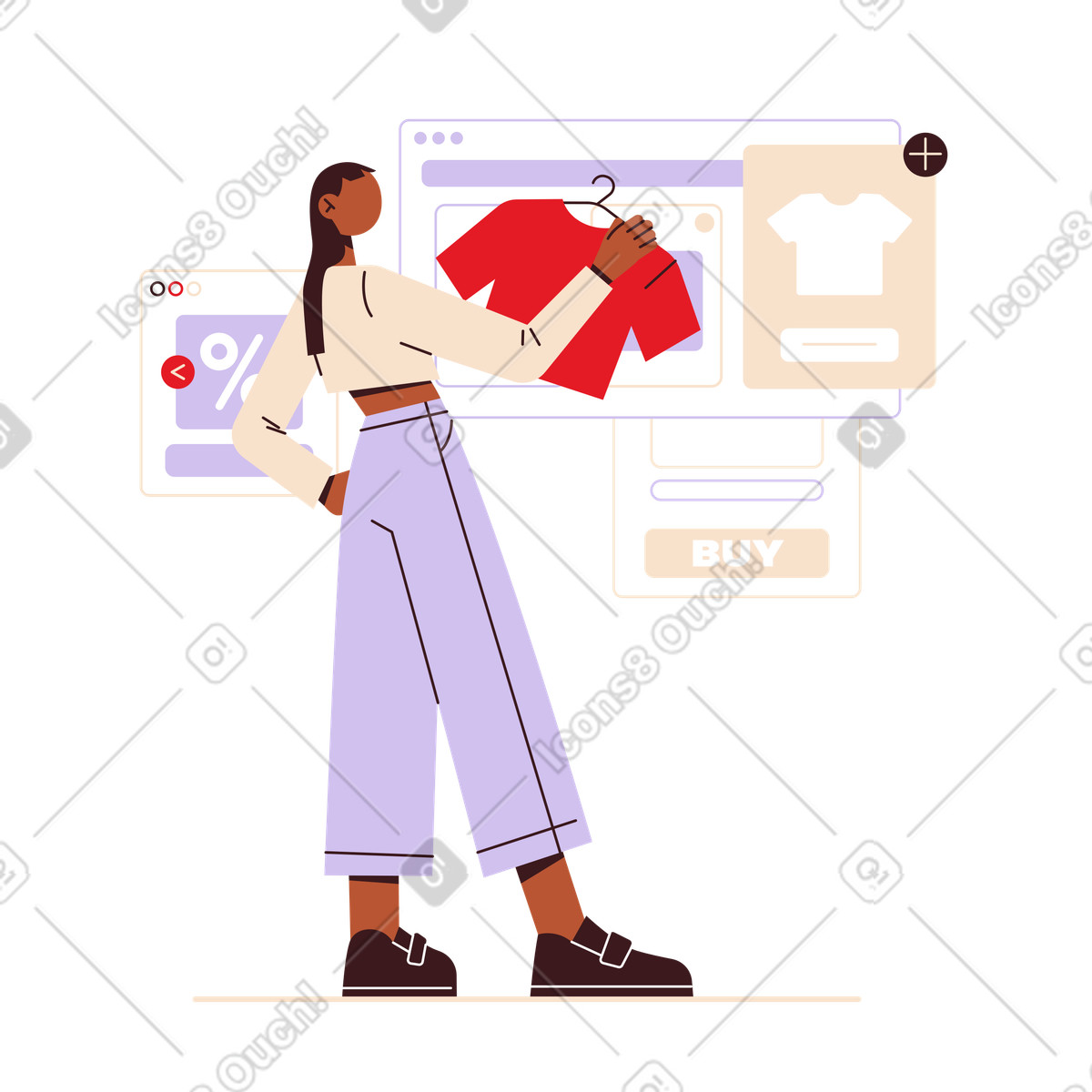 Shopper choosing shirt online, digital shopping or virtual clothing try-on illustration in Folks style download in PNG, SVG