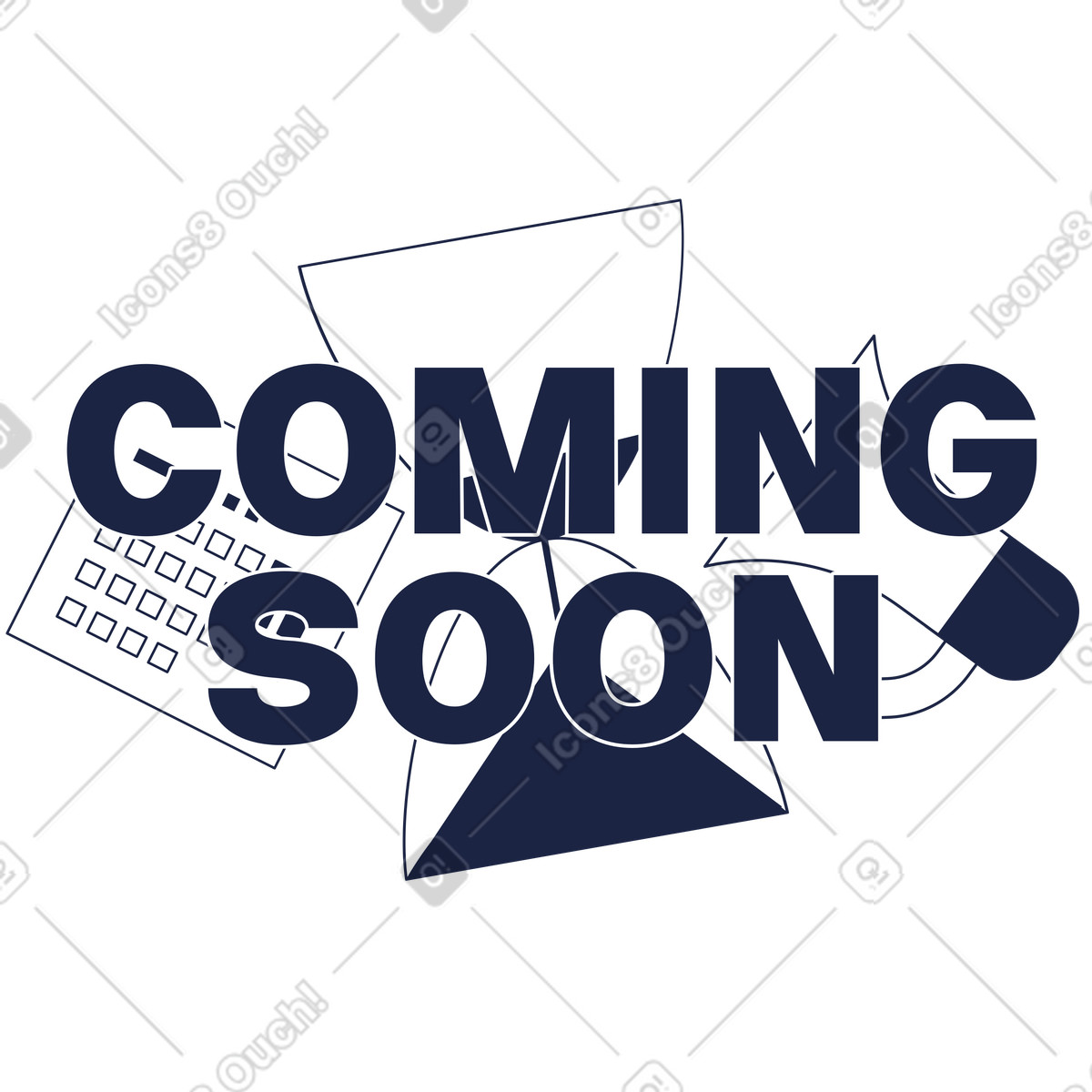 Ilustração de Coming soon sign with hourglass, megaphone and calendar, Product launch announcement em no estilo Urban Line para baixar em PNG, SVG