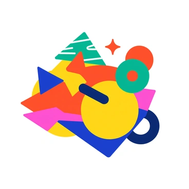 A collection of geometric shapes including triangles, circles, and squares in vibrant colors such as red, blue, yellow, and green. The shapes vary in size and are arranged in an overlapping manner, creating a dynamic composition. Some shapes have bold outlines, and others are filled with patterns like stripes or polka dots. The background is a solid color that contrasts with the shapes, enhancing their visual impact.