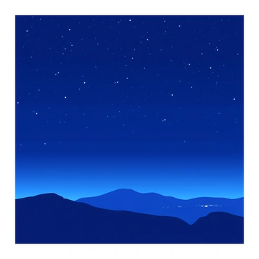 A dark blue night sky is filled with numerous small white stars twinkling in various intensities. The stars are scattered across the sky, creating a sense of depth and vastness. In the foreground, silhouettes of distant mountains can be seen against the night sky, adding dimension to the scene. A faint, white glow near the horizon hints at the presence of a distant city or village, while an expansive view of the starry sky captures the beauty and mystery of the universe.