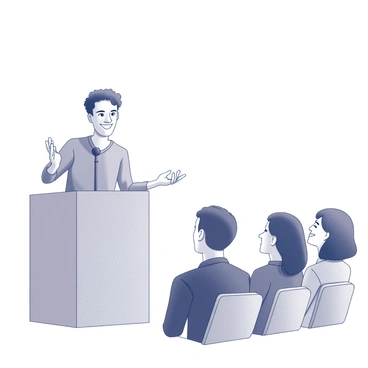 A speaker stands at a podium, animatedly addressing an audience. Their expression shows a mix of surprise and amusement as they stumble over their words. One hand gestures expressively while the other holds a microphone. The speaker chuckles lightly, a smile spreading across their face, as they regain composure. The audience appears engaged, some members leaning forward in their seats and smiling back at the speaker. The scene captures a moment of connection and lightheartedness between the speaker and their audience.