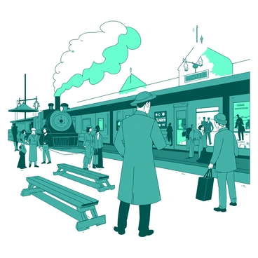 A teal steam locomotive approaches the bustling railroad station, releasing a plume of white smoke into the air. Sam Houston stands prominently on the platform, dressed in a historic outfit with a wide-brimmed hat and a long coat. He is gazing intently at the locomotive as it comes to a stop, surrounded by a crowd of people. Some individuals are holding luggage while others are chatting animatedly. The station is filled with details like wooden benches, old-fashioned lamps, and posters on the walls, capturing the lively atmosphere of the era.
