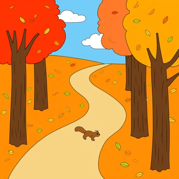 A picturesque autumn scene featuring a winding path that cuts through a vibrant forest. The path is covered with a blanket of orange and yellow leaves. On either side of the path, tall trees with thick trunks display their foliage in hues of red, orange, and gold. Leaves are drifting down from the branches, creating a gentle shower of colors. The sky above is bright blue with a few fluffy white clouds. A small squirrel can be seen scampering along the path, adding a playful touch to the scene.