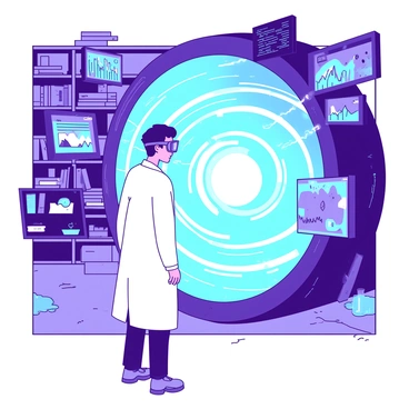 A scientist wearing a white lab coat and safety goggles stands in front of a glowing quantum portal. The portal emits a bright light in the shape of a swirling vortex. The scientist is peering into the portal, with a look of fascination on their face. Various holographic screens displaying graphs and charts hover around them, showcasing data related to the dimensions visible within the portal. In the background, shelves filled with scientific equipment and books create a laboratory atmosphere. The portal reveals glimpses of alternate dimensions with vibrant landscapes and strange structures, hinting at the vast possibilities that lie beyond.