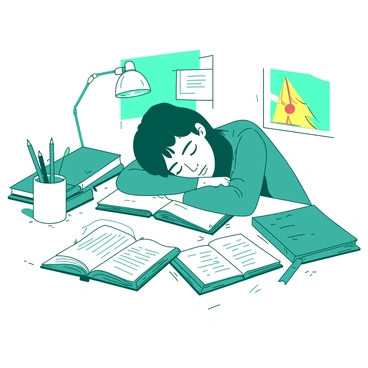 A teal student is sitting at a white table, resting their head on their folded arms. Their eyes are closed, and they have a thoughtful expression on their face. Scattered around the student are various open textbooks and notebooks, some pages filled with notes. A white mug filled with pencils and pens is placed on one side of the table, while a small yellow lamp casts a soft light over the workspace. The background shows a few colorful posters on the wall, adding to the student's study environment.