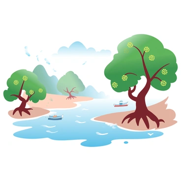 Mangrove trees with thick, twisted roots are lining the shoreline of a coastal wetland. The trees have vibrant green leaves and some of them showcase clusters of small, yellow flowers. The water is calm and reflects the lush vegetation, with shades of blue and green. In the background, gentle waves lap against the sandy shore, and small birds are perched on the branches of the mangroves. A few boats are anchored nearby, adding to the scene's tranquility.
