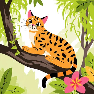 A Bengal cat with distinctive orange and black spots is sitting majestically on a thick tree branch. The tree branch is surrounded by lush green leaves and colorful tropical flowers. Sunlight filters through the dense jungle canopy, casting dappled light around the cat. Vines and ferns are visible in the background, enhancing the jungle atmosphere. The cat’s eyes are bright and alert, showcasing its regal appearance.
