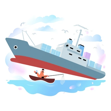A massive industrial fishing ship with a steel gray hull is towering over a tiny wooden fishing boat. The industrial ship has large nets hanging from its sides and numerous storage containers stacked on the deck. The small fishing boat is bobbing in the water below, with a single fisherman in a bright orange raincoat casting his net. Surrounding them are gentle waves reflecting gradient pastel colors of the sky, while distant clouds add depth to the scene. A flock of seagulls can be seen soaring in the air above the boats.