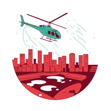 A teal helicopter is flying above a cityscape under a light rain shower. The helicopter is positioned slightly to the left, with its rotor blades spinning. Below, a vibrant red skyline filled with modern buildings is visible, some with lights on, hinting at activity within. Raindrops can be seen trailing through the air, creating a dynamic effect around the helicopter. The sky is overcast, casting a soft light over the city, while puddles forming on the rooftops reflect the scene above.