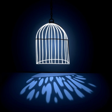 A cage made entirely from beams of light, with bright white and soft blue hues, is suspended in the center of a dark room. The beams create intricate patterns, casting luminous shadows on the surrounding walls. The room is completely dark except for the glowing cage, which appears to pulsate gently, illuminating the space with a mystical glow. The light beams are interwoven, forming a complex structure that captures the viewer's attention.