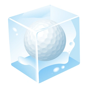 A golf ball is encased inside a clear ice cube, showcasing its dimpled surface and distinct white color. The ice cube has sharp, clean edges and angles, reflecting light in various directions. The background consists of a smooth surface that contrasts with the ice, highlighting the golf ball trapped within. Subtle reflections can be seen on the ice, adding depth and realism to the scene.