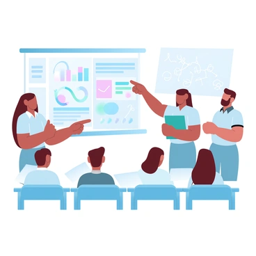 A group of students is standing in front of a classroom while presenting their project findings. One student is holding a colorful poster displaying graphs and charts, while another is pointing to key sections of the poster. Their classmates are seated at desks, attentively listening and taking notes. The classroom has various educational posters on the walls, and there is a large whiteboard behind the presenters filled with handwritten notes and diagrams.