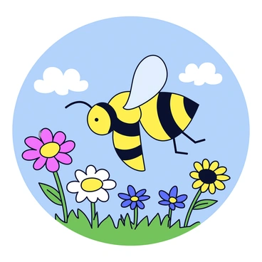 A hornet in mid-flight, with its wings blurred to convey motion. The hornet has a distinct yellow and black striped body. It is surrounded by a sunny garden backdrop featuring colorful flowers in full bloom, such as daisies and sunflowers. The sky is bright blue with a few fluffy white clouds scattered throughout.