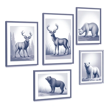 A collection of vintage zoological prints displayed on a wall. Each print features a different mammal, showcasing animals such as a deer, a lion, and a polar bear in their natural environments. The deer is depicted standing gracefully in a wooded forest, the lion on the savannah with tall grasses surrounding it, and the polar bear on an icy landscape. Each print is framed elegantly, and the details of the animals are intricate, capturing their fur texture and body posture. The habitats are illustrated with plants and geographical features that complement the animals' appearances.