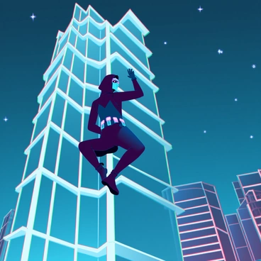 A nimble cat burglar with a sleek, athletic build is scaling the side of a tall skyscraper. The burglar is dressed in a form-fitting black outfit with a hood that obscures their face, featuring various gadgets attached to their belt. The skyscraper is illuminated by the soft glow of moonlight, highlighting the glass and steel structure. The night sky is deep blue, dotted with twinkling stars. The silhouette of the burglar can be seen against the backdrop of the cityscape, with lights from other buildings twinkling in the distance.