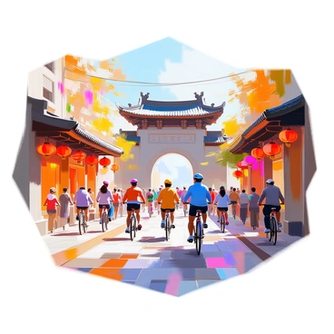 A bustling street in Beijing is filled with people cycling along the cobblestone pathway. Ancient architecture lines the sides of the street, featuring traditional Chinese buildings with ornate rooftops and wooden beams. The scene is vibrant, with cyclists of various ages, some wearing bright helmets and others casually dressed. Lanterns hang from the eaves of the buildings, and colorful banners flutter gently in the breeze. In the background, a stone archway might be visible, showcasing intricate carvings that reflect the rich history of the area.