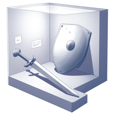 A weathered sword rests on a display stand in a museum exhibit. The sword has a tarnished blade and a hilt embellished with intricate designs, showcasing its age. Next to it, a shield displays visible scratches and dents, hinting at a storied past. The shield features a faded emblem at its center, partially obscured by time. The background includes a soft spotlight, illuminating the artifacts and casting subtle shadows on the display case. There are informational plaques nearby, providing context about the relics.
