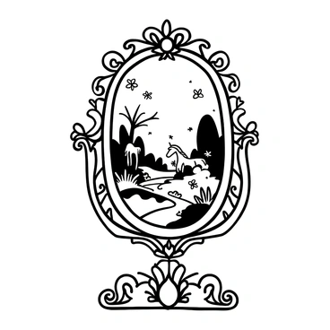 A large ornate mirror standing on an intricately carved wooden frame. The mirror reflects a fantastical landscape filled with lush greenery and towering trees. Small fairies with delicate wings flit among the branches, leaving trails of shimmering light. In the background, a majestic unicorn grazes peacefully near a sparkling stream. Various mythical creatures like centaurs and elves can be seen interacting in the vibrant scenery. The atmosphere is bustling with life and magic, creating a captivating view from the mirror.