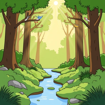 A dense forest scene during the early morning, with sunlight gently filtering through the branches of tall, green trees. The forest floor is covered in vibrant green ferns and patches of soft moss. A variety of birds can be seen perched on the branches, some flapping their wings, while others are chirping joyfully. Rays of golden light stream through the leaves, creating a warm and inviting atmosphere. A small, clear stream flows through the scene, reflecting the dappled sunlight.