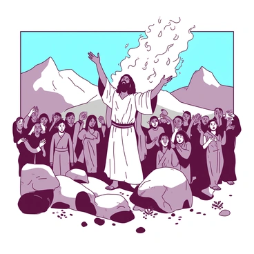 A scene on Mount Carmel shows "the prophet Elijah" standing confidently with arms raised towards the sky, as "flames" descend from above, illuminating the area. Surrounding him is a diverse crowd of "people" with expressions of awe and fear, some shielding their faces from the heat. The backdrop consists of rugged mountains and a clear blue sky. In the foreground, there are "rocks" and scattered vegetation, emphasizing the intensity of the moment. "Light" emanates from the fire, casting a glow on the faces of the onlookers.