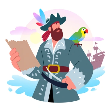 A charismatic pirate captain standing on deck with a parrot on his shoulder and a map in hand