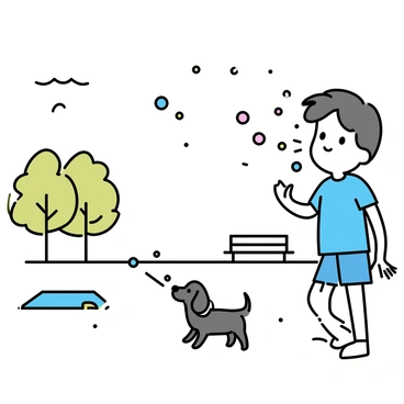 A child with short brown hair is standing in a grassy park, wearing a light blue T-shirt and denim shorts. The child is blowing bubbles, and a stream of colorful soap bubbles is floating into the air. Nearby, there are a few trees with green leaves and a clear blue sky above. A small dog is playfully chasing the bubbles, adding a sense of movement to the scene. A wooden bench and a picnic blanket can be seen in the background.