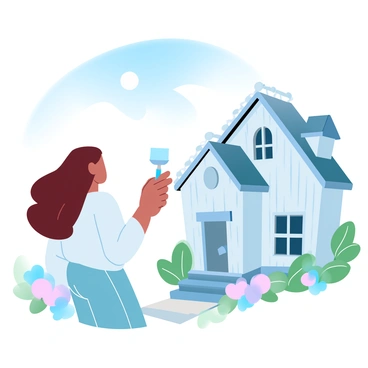 A woman with long hair is painting the exterior of a charming old house. She is wearing a light-colored shirt and jeans, holding a paintbrush in one hand while the other hand supports a paint can. The house has wooden paneling, large windows, and a decorative roof. The surroundings include a lush green garden filled with colorful flowers. Above, a clear blue sky stretches out, with the sun shining brightly.