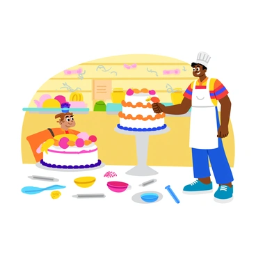 Vadivelu, a cheerful character with a big smile, stands in a brightly lit bakery filled with various baked goods. He is wearing a white apron over a colorful shirt, and a chef's hat sits atop his head. In front of him, a large, three-tiered cake is displayed on a white pedestal. The cake is covered in smooth white icing and decorated with vibrant flowers made from fondant in shades of pink, yellow, and blue. Vadivelu is carefully piping colorful icing onto the cake, adding intricate designs along the edges. Various baking tools and ingredients are scattered around him, including sprinkles, pastry bags, and small bowls of frosting. The scene conveys a sense of joy and creativity in the art of cake decorating.