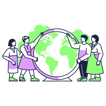 A diverse group of people from various ethnic backgrounds is standing in a circle, joining hands around a large globe. Each person is dressed in traditional clothing representative of their culture. The globe is detailed with continents and surrounded by a green and purple outline. Each individual displays a unique expression of unity and joy. Behind the group, there are trees and a clear sky, creating a sense of togetherness in nature.