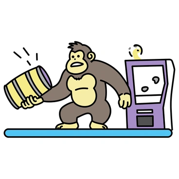 A large, muscular gorilla, resembling "Donkey Kong," stands on a platform in an arcade level. He has brown fur and is crouching slightly, ready to throw a "wooden barrel." The barrel is round and has metal bands around it, positioned in his right hand. The background features simple representations of arcade machines and pixelated platforms, emphasizing the retro game environment. Bright colors are present, highlighting the playful theme of the arcade.