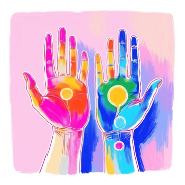 A pair of hands is positioned in front of a neutral background, displaying the fingers extended outwards. Each finger features distinct symbols representing the chakras, vibrantly painted in various colors. The thumb showcases the root chakra symbol in red, the index finger displays the sacral chakra symbol in orange, the middle finger features the solar plexus chakra symbol in yellow, the ring finger has the heart chakra symbol in green, and the pinky finger presents the throat chakra symbol in blue. The hands are well-groomed, with soft lighting highlighting the intricate designs on each finger.