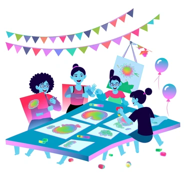 A vibrant kids' corner at a fair filled with colorful art supplies. Several children of diverse backgrounds are engaged in drawing and painting on large sheets of paper. One child, with curly hair, is focused on creating a landscape with bright colors, while another child, with glasses, is painting a bright blue dinosaur. Nearby, a third child is showing off their colorful painting of a flower to a friend. Colorful banners and balloons are hanging above, adding to the festive atmosphere. The ground is covered in scattered crayons and paint tubes, and the children's laughter fills the air as they create their artwork.