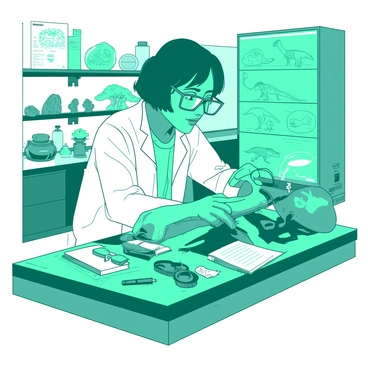 A teal scientist wearing a white lab coat is carefully examining a large dinosaur bone on a stainless steel table in a modern laboratory. The table is cluttered with various tools and equipment, including a magnifying glass and a notebook filled with notes. Bright lights illuminate the workspace, showcasing the intricate details of the bone. In the background, there are shelves filled with fossilized specimens and anatomical diagrams of dinosaurs. The scientist has short black hair and is wearing protective glasses, focusing intently on the fossil in front of them.