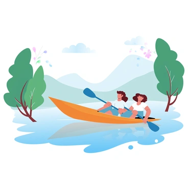 A man and a woman are kayaking down a river. The kayak is brightly colored and sits atop calm water, reflecting the surrounding landscape. The couple is dressed in casual outdoor clothing, with paddles in hand, actively navigating the gentle currents. Tall trees with green foliage line the riverbanks, with occasional splashes of colorful wildflowers dotting the landscape. Light filters through the leaves, creating a soft ambiance across the scene.