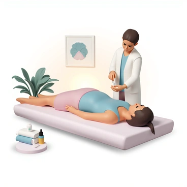 A person lying on a massage table, receiving acupuncture therapy. The individual has medium-length brown hair and is wearing a light blue tank top. Thin acupuncture needles are inserted at various points along their back. The room is softly lit with warm lighting, and there are plants and calming artwork on the walls. A practitioner, wearing a white medical coat, stands beside the table, carefully adjusting the needles. A small table nearby holds a bottle of essential oil and a towel.