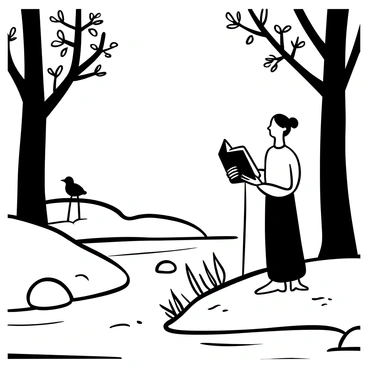 A preacher standing on a grassy bank beside a gentle river, holding a large open book in one hand. The preacher is wearing a long robe, and there is a wooden lectern with notes beside him. Tall trees frame the scene, their leaves rustling in the light breeze. The river flows calmly, reflecting the surrounding nature. A few smooth stones are scattered along the water's edge, and birds can be seen perched on the branches above, creating an atmosphere of tranquility.