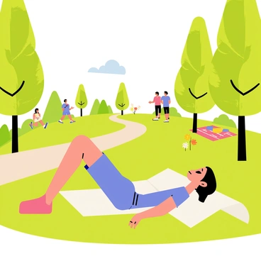 A person performing hip thrust exercises on a grassy area in a scenic outdoor park. The individual is lying on their back with their shoulders resting on a soft, white bench. Their knees are bent, and they are lifting their hips upward. Surrounding them are tall green trees with sunlight filtering through the leaves. In the background, there are colorful flowers in bloom and a clear blue sky. A nearby walking path has a few joggers passing by, and a picnic blanket can be seen spread out under a tree in the distance.