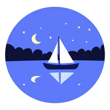A small boat with a dark blue hull is floating on a calm lake. The boat has a white sail that is gently catching the breeze. The surface of the lake mirrors the night sky, displaying a scattering of stars and a bright crescent moon. The surrounding landscape features dark silhouettes of trees along the shore, providing a stark contrast to the bright reflections in the water.