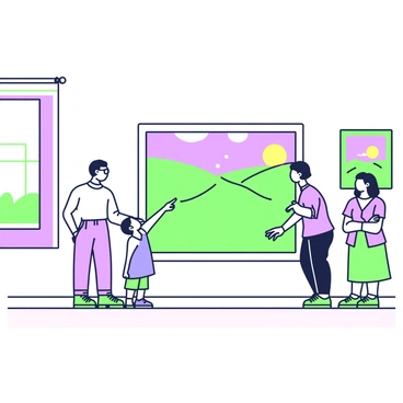 A group of four visitors is standing in front of a large landscape painting in an art museum. The first visitor, a man with glasses, is examining the painting closely, while the second visitor, a woman in a blue dress, leans slightly to get a better view. The third visitor, a young boy, points excitedly at a detail in the painting, and the fourth visitor, an older woman, stands back with her arms crossed, observing both the painting and the reactions of the others. The painting itself depicts rolling hills and a vibrant sunset, filling the frame with colors and depth. The museum walls are adorned with other framed artworks, creating a cultured atmosphere. Light from a nearby window softly illuminates the scene.