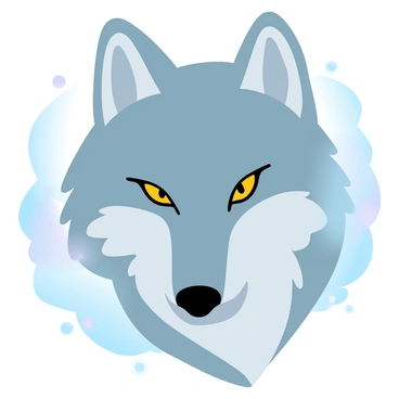 A close-up of a grey wolf with piercing yellow eyes gazing intently. The wolf's fur is thick and primarily grey, with hints of white and black around the ears and snout. The background features a softly blurred snowy landscape, with gentle snowflakes falling and covering the ground. The overall scene conveys a sense of the wolf's keen awareness and strength in its natural habitat.