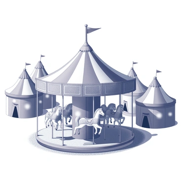 A carnival scene featuring a colorful carousel. The carousel is adorned with intricately designed horses, each having unique patterns and expressions, positioned in a circular formation. Surrounding the carousel are several circus tents with pointed tops, some in pairs, casting shadows on the ground. The tents display various patterns and textures that suggest a festive atmosphere. The ground beneath the carousel is marked with gravel, suggesting a well-trodden path from visitors.